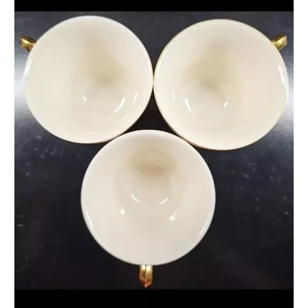 3 Lenox Eternal Cup‎ Saucer Set Dimension Collection Elegant Gold Cream Dish Lot